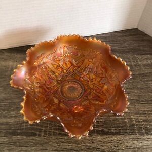 Antique Northwood Iridescent Marigold Wishbone Footed Glass Bowl